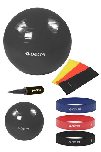 Delta 55-20 cm Pilates Topu 3'lü Pilates Bandı 3'lü Squat Bandı Direnç Lastiği Şişirme Pompası Seti