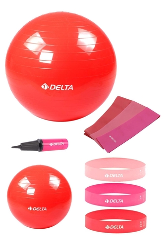 Delta 55-20 cm Pilates Topu 3'lü Pilates Bandı 3'lü Squat Bandı Direnç Lastiği Şişirme Pompası Seti