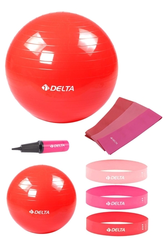 Delta 55-25 cm Pilates Topu 3'lü Pilates Bandı 3'lü Squat Bandı Direnç Lastiği Şişirme Pompası Seti