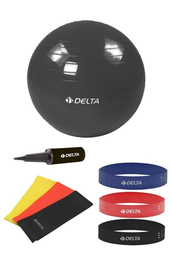 Delta 55 cm Pilates Topu 3'lü Pilates Bandı 3'lü Squat Bandı Direnç Lastiği Şişirme Pompası Seti