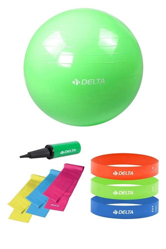 Delta 55 cm Pilates Topu 3'lü Pilates Bandı 3'lü Squat Bandı Direnç Lastiği Şişirme Pompası Seti