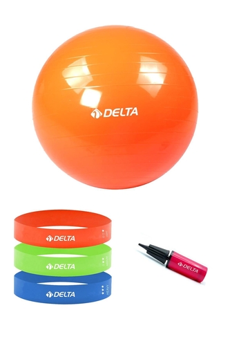 Delta 65 cm Pilates Topu 3'lü Squat Bandı Egzersiz Direnç Lastiği Pilates Topu Pompası 5'li Set