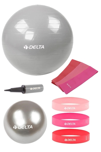 Delta 75-20 cm Pilates Topu 3'lü Pilates Bandı 3'lü Squat Bandı Direnç Lastiği Şişirme Pompası Seti