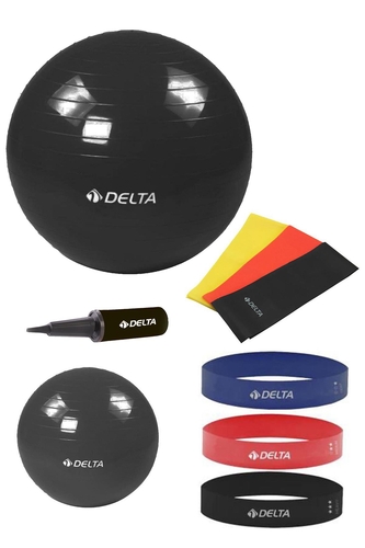 Delta 75-20 cm Pilates Topu 3'lü Pilates Bandı 3'lü Squat Bandı Direnç Lastiği Şişirme Pompası Seti