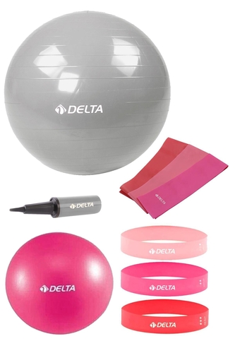 Delta 75-25 cm Pilates Topu 3'lü Pilates Bandı 3'lü Squat Bandı Direnç Lastiği Şişirme Pompası Seti