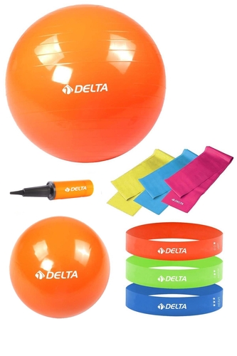 Delta 75-25 cm Pilates Topu 3'lü Pilates Bandı 3'lü Squat Bandı Direnç Lastiği Şişirme Pompası Seti