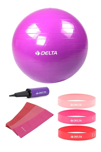 Delta 75 cm Pilates Topu 3'lü Pilates Bandı 3'lü Squat Bandı Direnç Lastiği Şişirme Pompası Seti