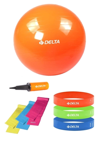 Delta 75 cm Pilates Topu 3'lü Pilates Bandı 3'lü Squat Bandı Direnç Lastiği Şişirme Pompası Seti