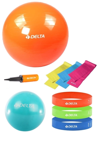 Delta 85-20 cm Pilates Topu 3'lü Pilates Bandı 3'lü Squat Bandı Direnç Lastiği Şişirme Pompası Seti